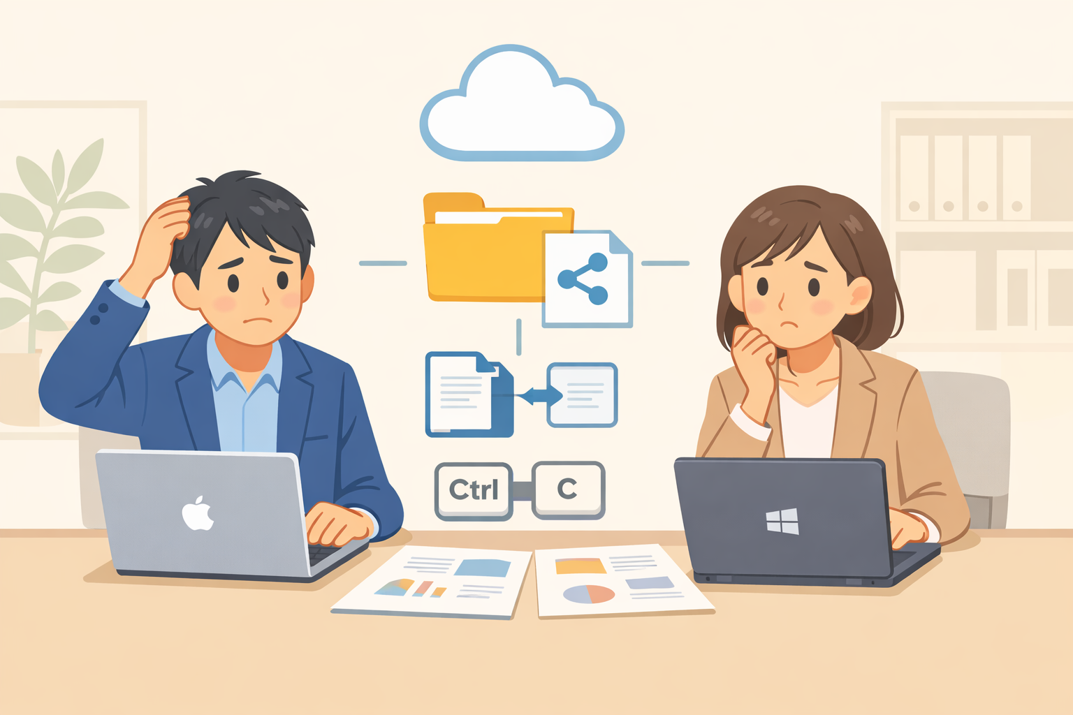 MacとWindowsを併用する職場で起きやすいすれ違いを表現したイラスト